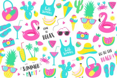 Yaz desen. Karpuz, ananas ve tatil öğeleri.