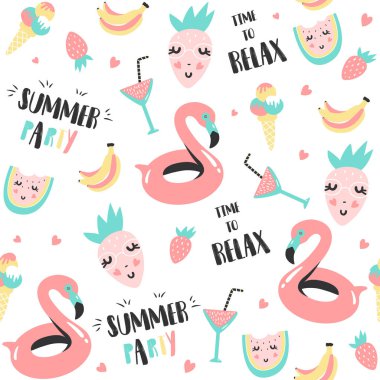 Yaz desen. Karpuz, flamingo ve tatil öğeleri.