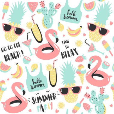 Karpuz, ananas, flamingo ve tatil elemanları ile yaz desen