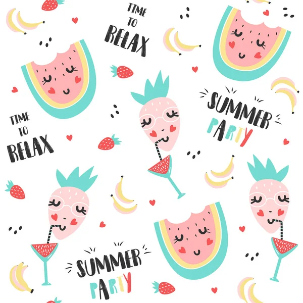 Pola musim panas dengan semangka, strawberry dan pisang - Stok Vektor