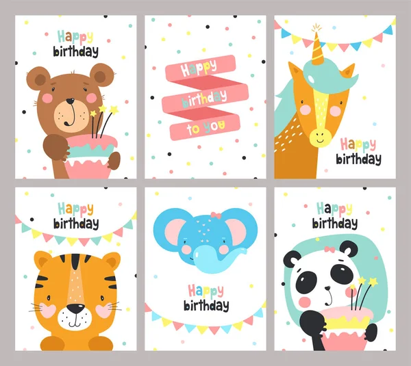 Conjunto de tarjeta de cumpleaños con animales lindos . — Archivo Imágenes Vectoriales