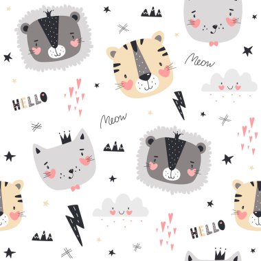 Seamless pattern with cute animals in Scandinavian style. clipart