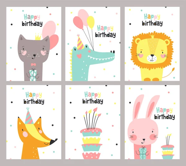 Set Birthday Card Cute Animals Vector Illustration — Stock Vector