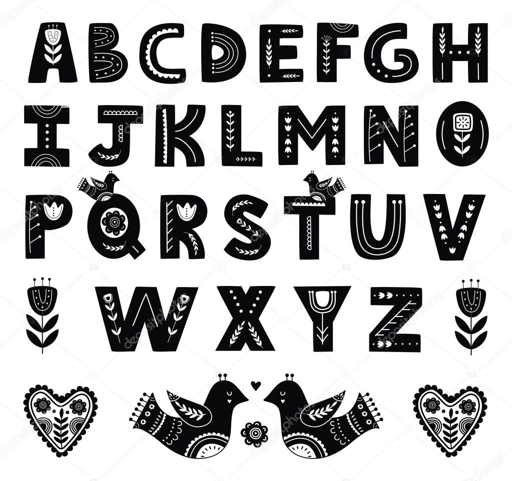Alphabet in scandinavian style. Black and white.