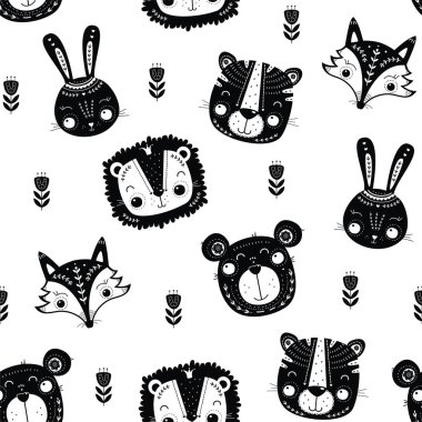 Seamless pattern with cute animals in Scandinavian style. Vector illustration clipart