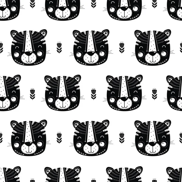 Seamless Pattern Cute Tiger Scandinavian Style Vector Illustration — Stock Vector