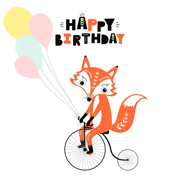 Cute fox by bicycle. Birthday greeting cards. — Stock Vector