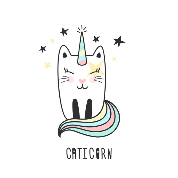 Cute cat unicorn hand drawn. — Stock Vector