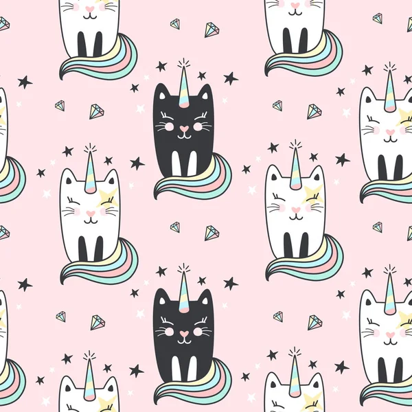 Seamless pattern with cute caticorns. — Stock Vector