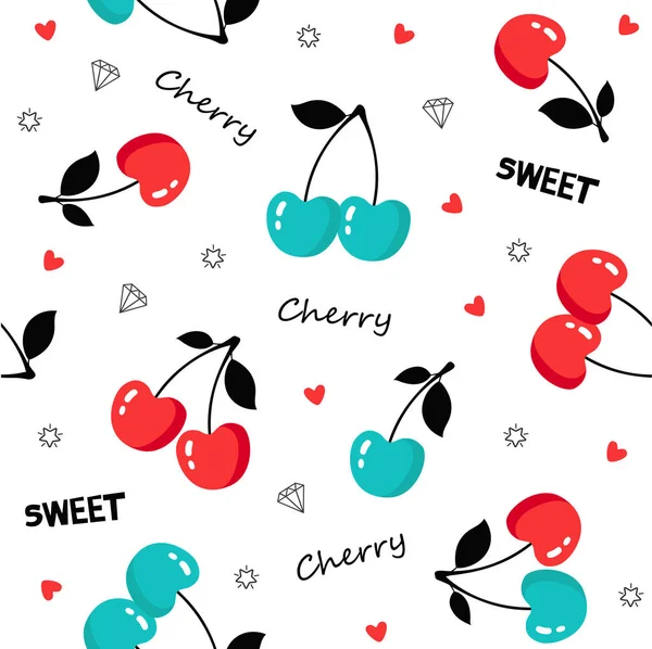 Beyaz zemin üzerinde kirazlar olan kusursuz desen.