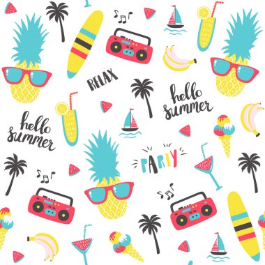 Ananas, yazmak ve tatil elemanları ile yaz desen.