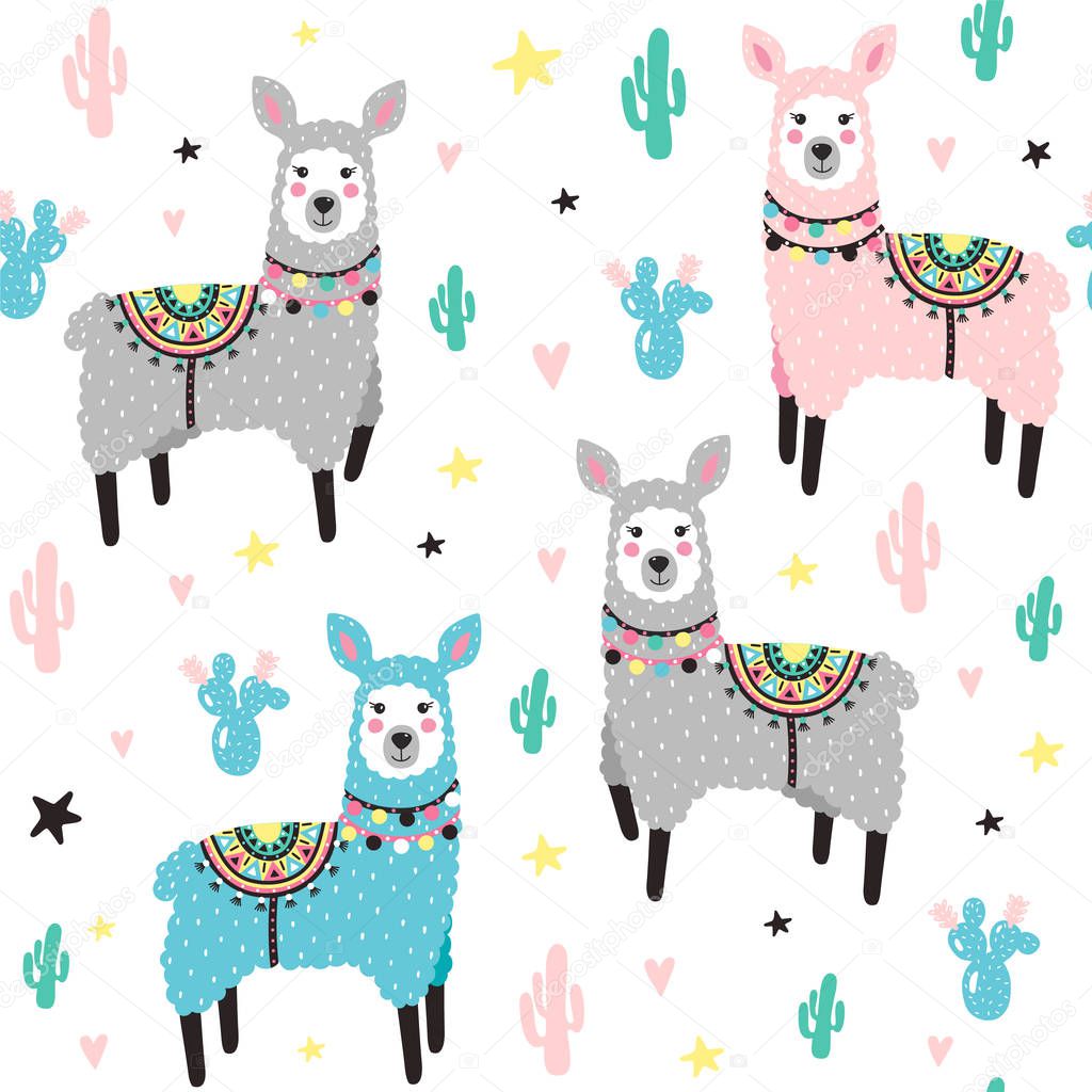 Seamless pattern with lama and cactus.