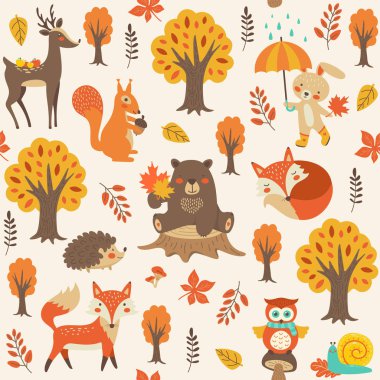 Orman hayvanları ile Seamless modeli. Ayı, tilki, sincap, baykuş, 