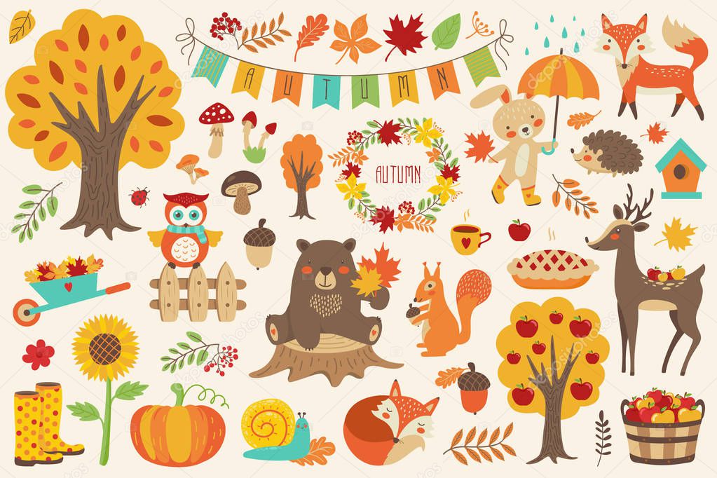 Autumn set, hand drawn elements with forest animals  bear, fox, squirrel, deer, hare, owl, snail, hedgehog, wreath. Vector illustration 