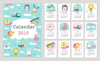 Takvim 2019 şirin orman hayvanları ile. Elle çizilmiş vektör