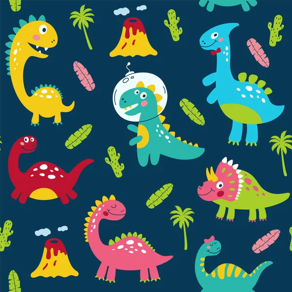 Απρόσκοπτη Μοτίβο Χαριτωμένα Δεινόσαυρους Για Παιδιά Εκτύπωσης Εικονογράφηση Διάνυσμα — Διανυσματικό Αρχείο