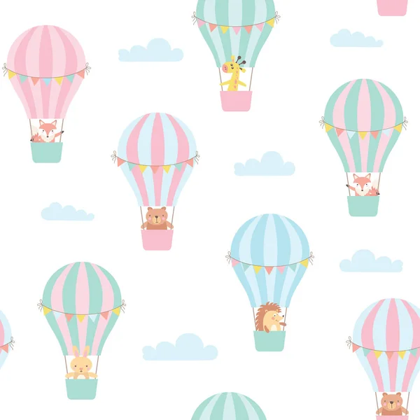 Απρόσκοπτη Μοτίβο Χαριτωμένα Ζώα Ένα Αερόστατο Ζεστού Αέρα Εικονογράφηση Διάνυσμα — Διανυσματικό Αρχείο