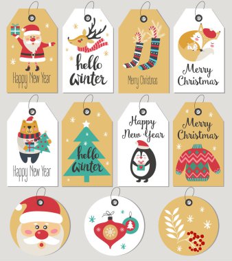 Merry Christmas ve yeni yıl hediye etiketleri ve kartları kümesi. Vektör çizim