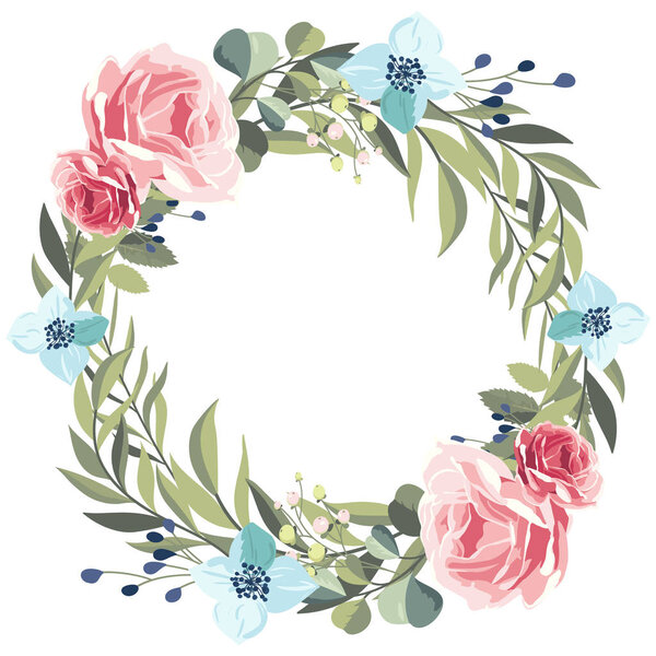 Wreath of vintage pink roses on a white background. Vector illustration