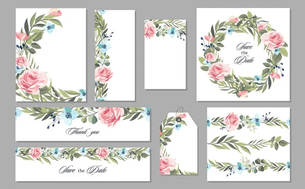 Set Hochzeitseinladungskarte Mit Blumen Und Blättern Vektorillustration — Stockvektor