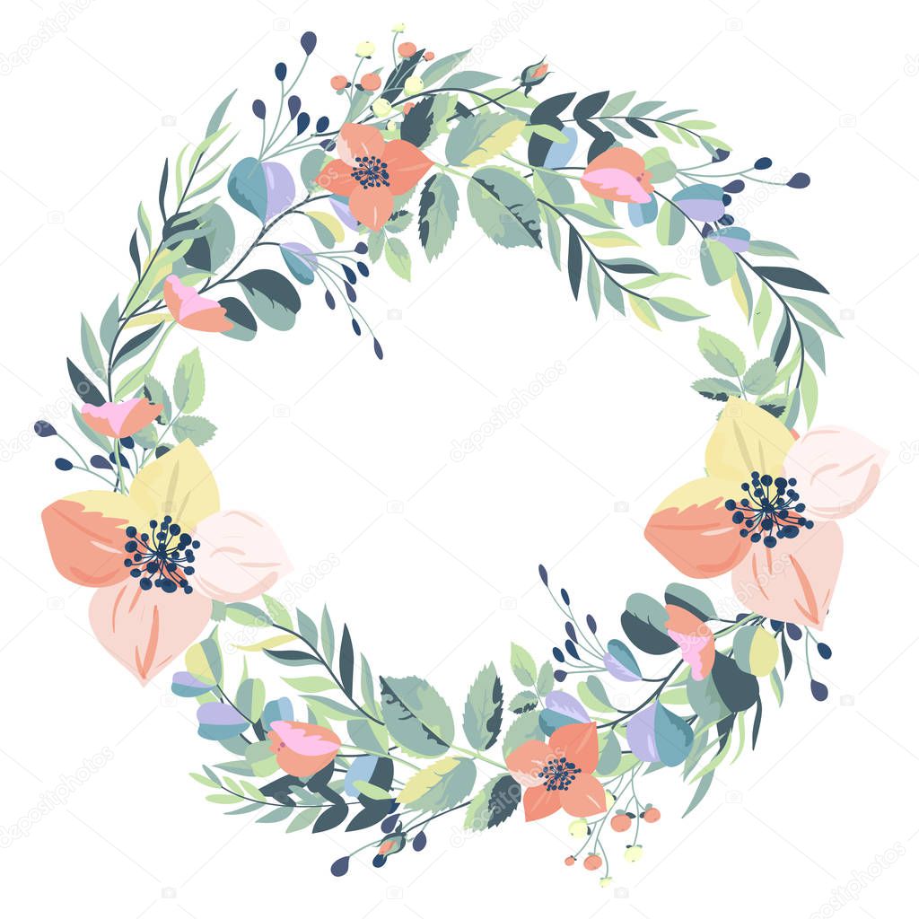 Wreath of vintage flowers on a white background. Vector illustration