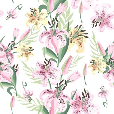 Pembe ve sarı lily ile Seamless modeli. Vektör çizim
