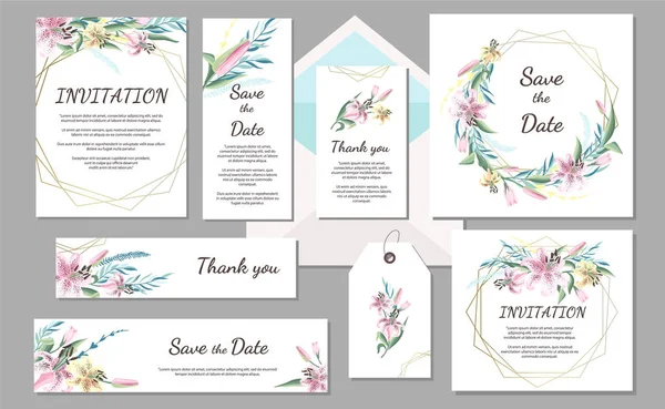 Set Convite Casamento Cartão Vintage Com Lírio Rosa Molduras Geométricas — Vetor de Stock