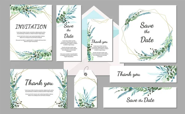 Set Convite Casamento Cartão Vintage Com Folhas Molduras Geométricas Ilustração — Vetor de Stock