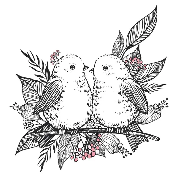 手描きかわいい鳥や草花や葉 ベクトル図 — ストックベクタ
