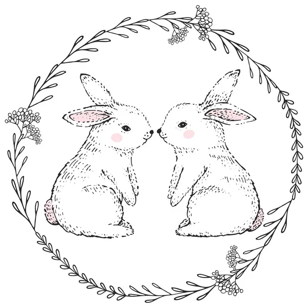 Main Dessinée Lapins Mignons Cadre Floral Illustration Vectorielle — Image vectorielle