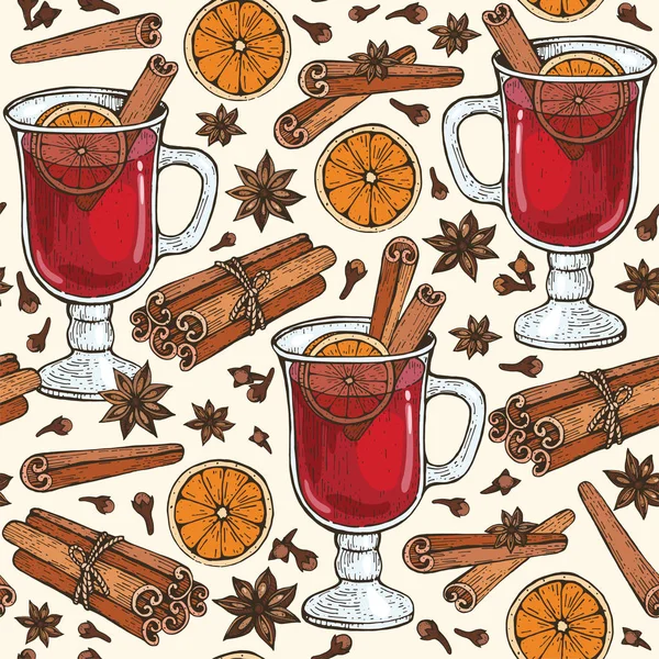 Nahtloses Muster Mit Einem Glas Glühwein Und Gewürzen Zimt Nelken — Stockvektor