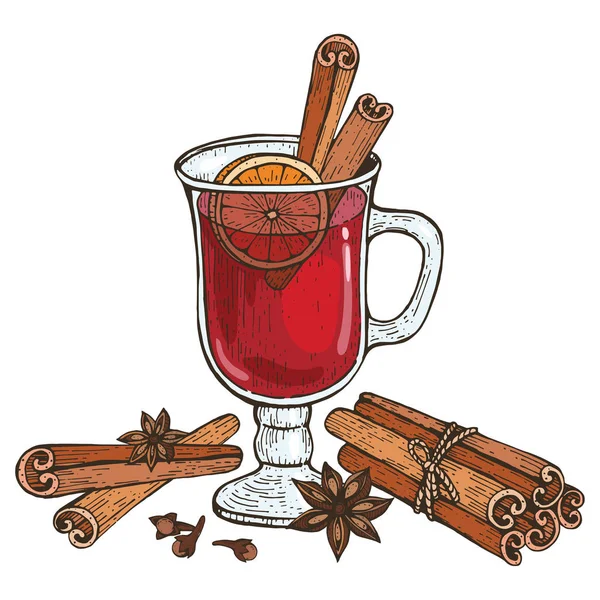 Glass Mulled Wine Spices Cinnamon Cloves Badyan Orange Hand Drawn — Stock Vector