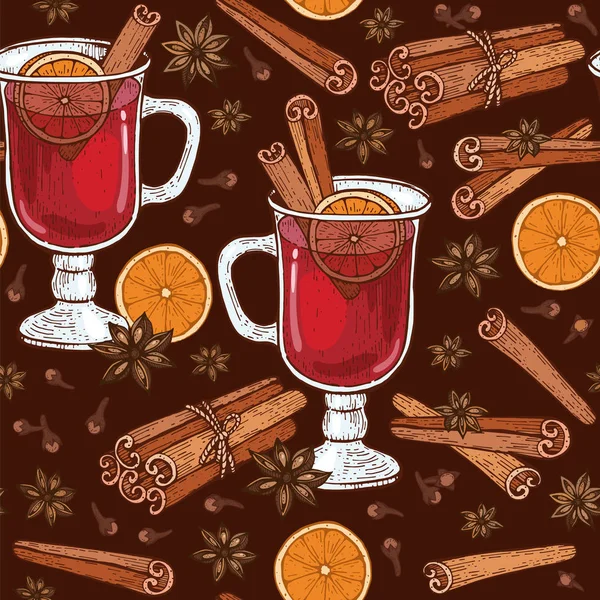 Varrat Nélküli Mintát Pohár Mulled Bor Fűszerek Fahéj Szegfűszeg Badyan — Stock Vector