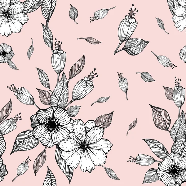 Seamless pattern with flowers and leaves on a pink background. Vector illustration