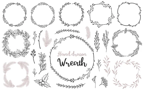 Set Hand Drawn Wreath Branches Decorative Elements Your Design Vector — Stock Vector