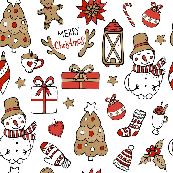 크리스마스 눈사람 요소와 패턴입니다 손으로 그린된 일러스트 — 스톡 벡터