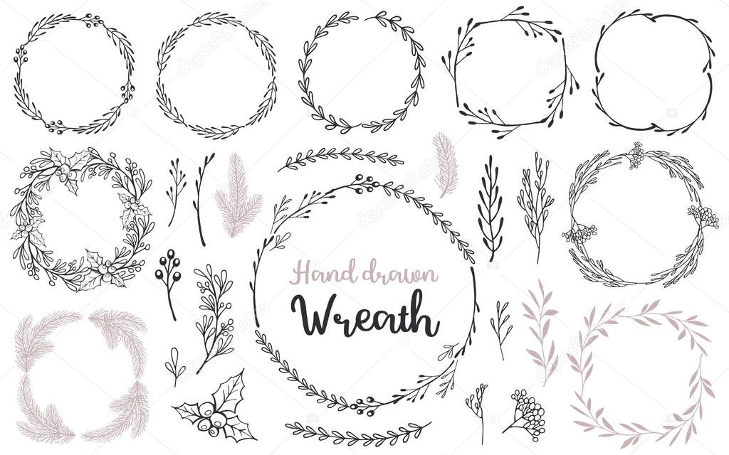 Set of hand drawn wreath and branches. Decorative elements for your design. Vector illustration