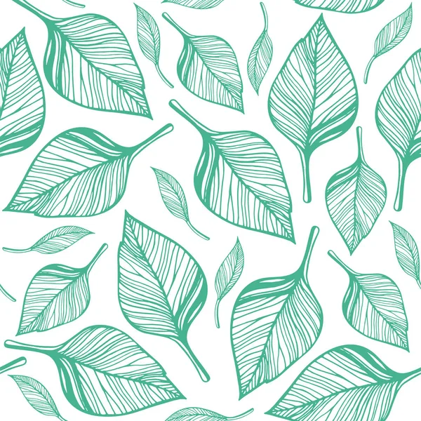 Seamless Pattern Green Leaves Hand Drawn Vector Illustration — Stock Vector