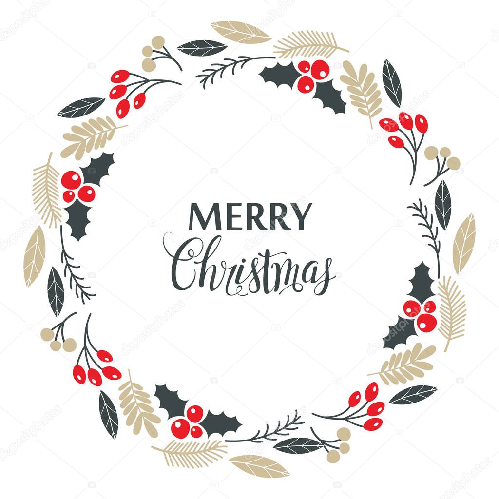 Christmas wreath, with holly berries, isolated on white background. Vector illustration
