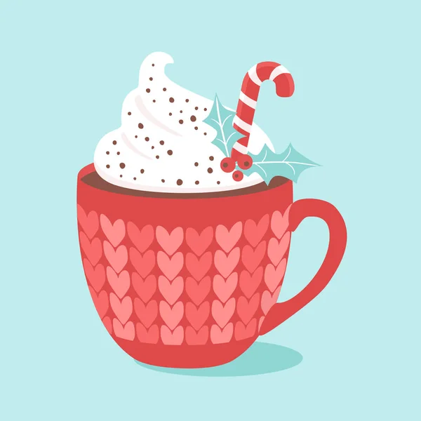 Christmas Hot chocolate with cream and candy cane. Vector — Stock Vector