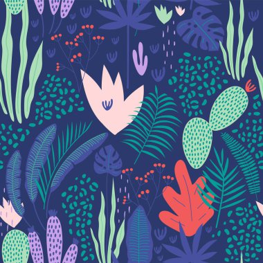 Mavi beyaz zemin üzerine yapraklarla tropikal seamless modeli. Vektör