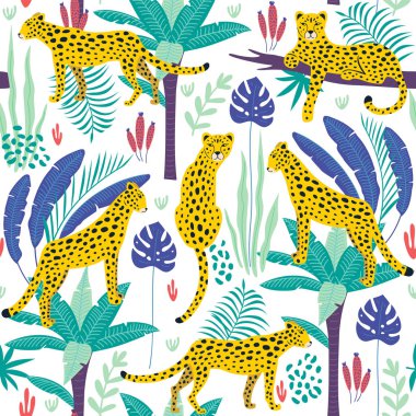 Leopar ve tropikal yaprak ile Seamless modeli. Vektör