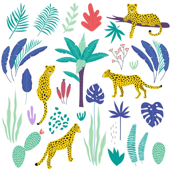 Seamless pattern with leopards and tropical leaves. Vector — Stock Vector