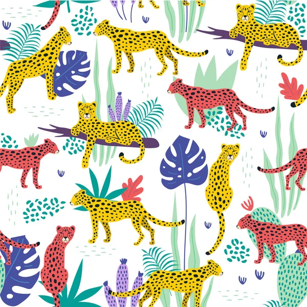 Безшовний візерунок з леопардами і тропічним листям. Векторні — стоковий вектор