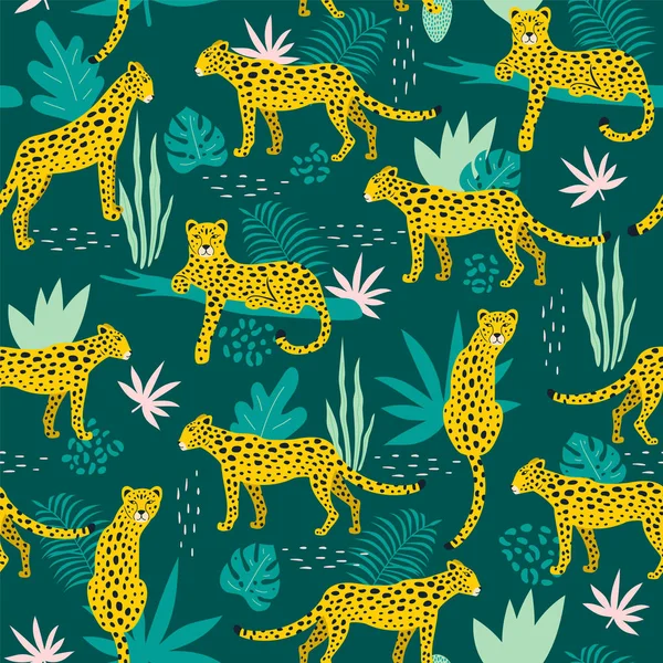 Seamless pattern with leopards and tropical leaves. Vector — Stock Vector