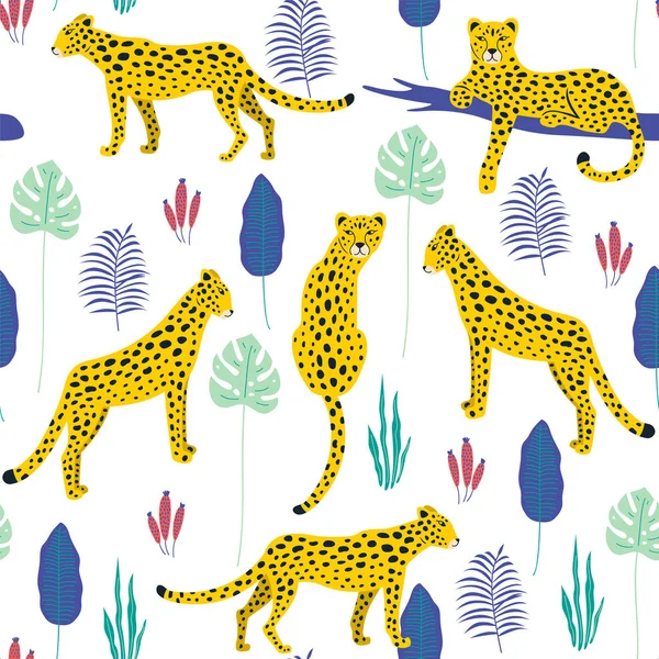 Seamless pattern with leopards and tropical leaves. Vector — Stock Vector