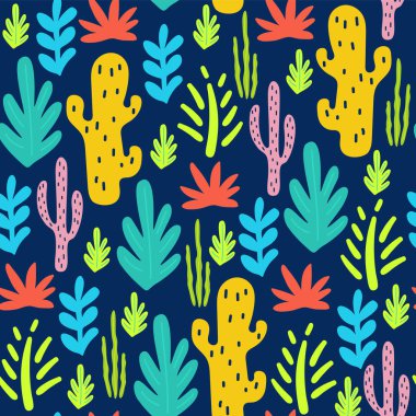 Yaprakları ve kaktüsler ile tropikal seamless modeli. Vektör