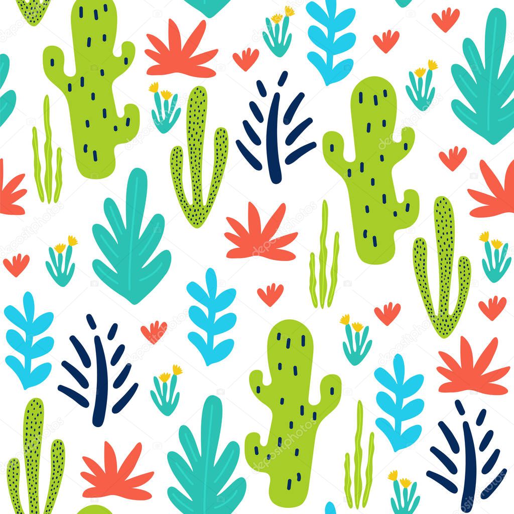 Tropical seamless pattern with leaves and cactuses. Vector