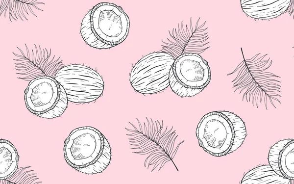 Seamless pattern with coconuts and palm leaves. Hand drawn vector