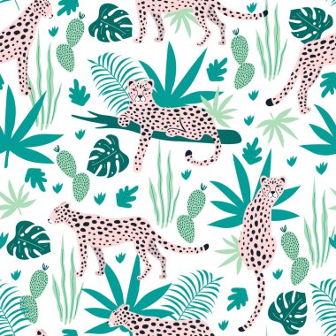 Leopar ve tropikal yaprak ile Seamless modeli. Vektör